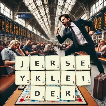 Kreative Illustration für ein Scrabble-Spiel, bei dem das Wort JERSEYKLEIDER mit Steinen auf dem Brett gelegt wurde.