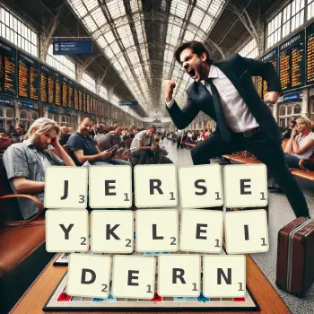 Kreative Illustration für ein Scrabble-Spiel, bei dem das Wort JERSEYKLEIDERN mit Steinen auf dem Brett gelegt wurde.