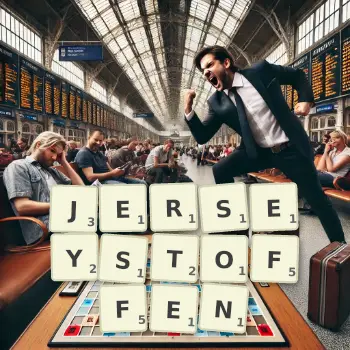 Kreative Illustration für ein Scrabble-Spiel, bei dem das Wort JERSEYSTOFFEN mit Steinen auf dem Brett gelegt wurde.