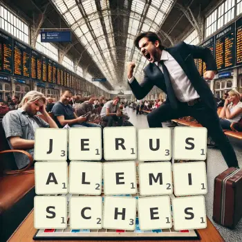 Kreative Illustration für ein Scrabble-Spiel, bei dem das Wort JERUSALEMISCHES mit Steinen auf dem Brett gelegt wurde.