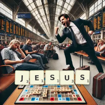 Kreative Illustration für ein Scrabble-Spiel, bei dem das Wort JESUS mit Steinen auf dem Brett gelegt wurde.