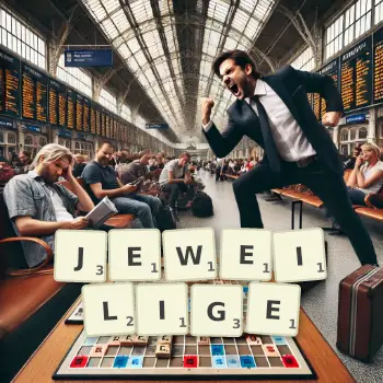 Kreative Illustration für ein Scrabble-Spiel, bei dem das Wort JEWEILIGE mit Steinen auf dem Brett gelegt wurde.