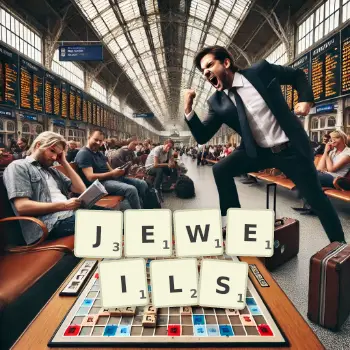 Kreative Illustration für ein Scrabble-Spiel, bei dem das Wort JEWEILS mit Steinen auf dem Brett gelegt wurde.