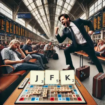 Kreative Illustration für ein Scrabble-Spiel, bei dem das Wort JFK mit Steinen auf dem Brett gelegt wurde.