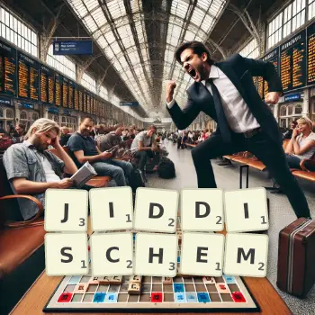 Kreative Illustration für ein Scrabble-Spiel, bei dem das Wort JIDDISCHEM mit Steinen auf dem Brett gelegt wurde.