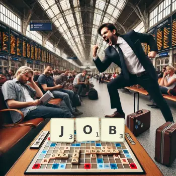 Kreative Illustration für ein Scrabble-Spiel, bei dem das Wort JOB mit Steinen auf dem Brett gelegt wurde.