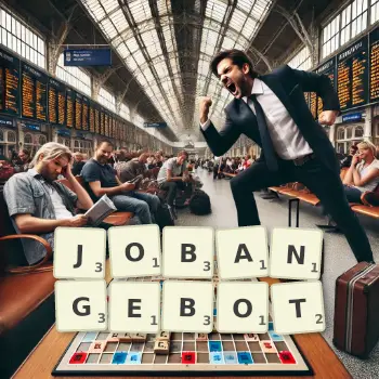 Kreative Illustration für ein Scrabble-Spiel, bei dem das Wort JOBANGEBOT mit Steinen auf dem Brett gelegt wurde.