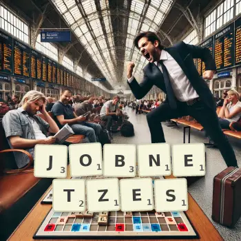 Kreative Illustration für ein Scrabble-Spiel, bei dem das Wort JOBNETZES mit Steinen auf dem Brett gelegt wurde.