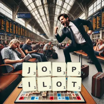Kreative Illustration für ein Scrabble-Spiel, bei dem das Wort JOBPILOT mit Steinen auf dem Brett gelegt wurde.