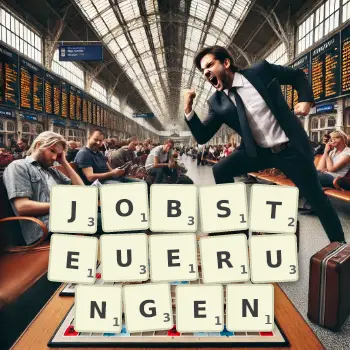 Kreative Illustration für ein Scrabble-Spiel, bei dem das Wort JOBSTEUERUNGEN mit Steinen auf dem Brett gelegt wurde.
