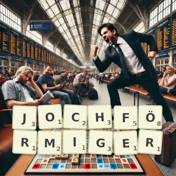 Kreative Illustration für ein Scrabble-Spiel, bei dem das Wort JOCHFÖRMIGER mit Steinen auf dem Brett gelegt wurde.