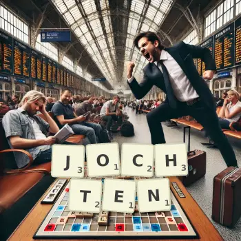 Kreative Illustration für ein Scrabble-Spiel, bei dem das Wort JOCHTEN mit Steinen auf dem Brett gelegt wurde.