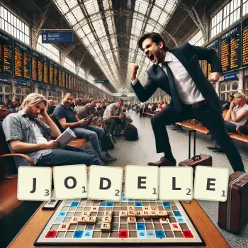 Kreative Illustration für ein Scrabble-Spiel, bei dem das Wort JODELE mit Steinen auf dem Brett gelegt wurde.