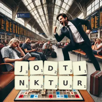 Kreative Illustration für ein Scrabble-Spiel, bei dem das Wort JODTINKTUR mit Steinen auf dem Brett gelegt wurde.