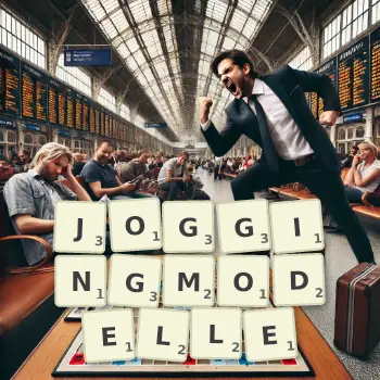 Kreative Illustration für ein Scrabble-Spiel, bei dem das Wort JOGGINGMODELLE mit Steinen auf dem Brett gelegt wurde.