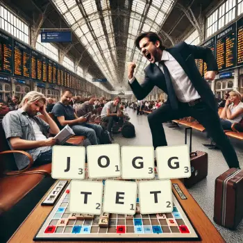 Kreative Illustration für ein Scrabble-Spiel, bei dem das Wort JOGGTET mit Steinen auf dem Brett gelegt wurde.