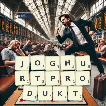 Kreative Illustration für ein Scrabble-Spiel, bei dem das Wort JOGHURTPRODUKT mit Steinen auf dem Brett gelegt wurde.