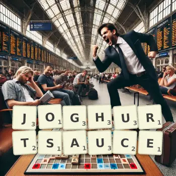 Kreative Illustration für ein Scrabble-Spiel, bei dem das Wort JOGHURTSAUCE mit Steinen auf dem Brett gelegt wurde.