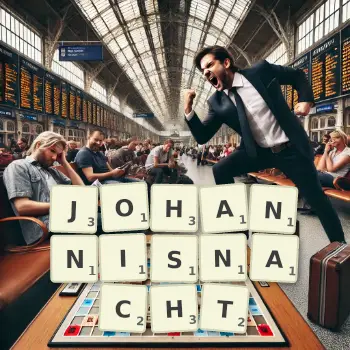 Kreative Illustration für ein Scrabble-Spiel, bei dem das Wort JOHANNISNACHT mit Steinen auf dem Brett gelegt wurde.