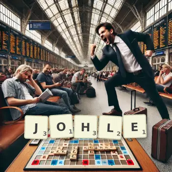 Kreative Illustration für ein Scrabble-Spiel, bei dem das Wort JOHLE mit Steinen auf dem Brett gelegt wurde.