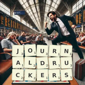 Kreative Illustration für ein Scrabble-Spiel, bei dem das Wort JOURNALDRUCKERS mit Steinen auf dem Brett gelegt wurde.
