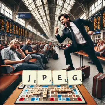 Kreative Illustration für ein Scrabble-Spiel, bei dem das Wort JPEG mit Steinen auf dem Brett gelegt wurde.