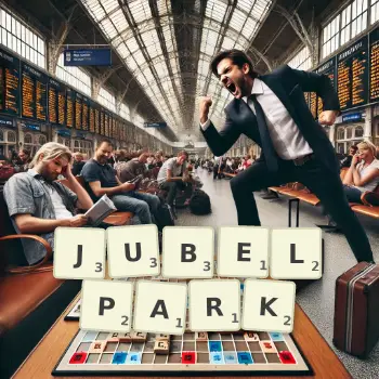 Kreative Illustration für ein Scrabble-Spiel, bei dem das Wort JUBELPARK mit Steinen auf dem Brett gelegt wurde.