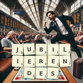 Kreative Illustration für ein Scrabble-Spiel, bei dem das Wort JUBILIERENDES mit Steinen auf dem Brett gelegt wurde.