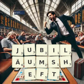 Kreative Illustration für ein Scrabble-Spiel, bei dem das Wort JUBILÄUMSHEFT mit Steinen auf dem Brett gelegt wurde.