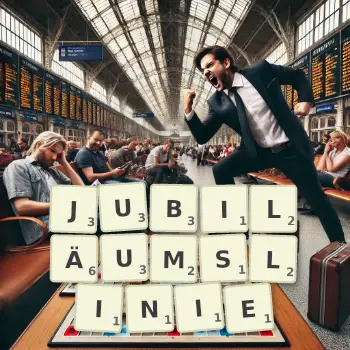 Kreative Illustration für ein Scrabble-Spiel, bei dem das Wort JUBILÄUMSLINIE mit Steinen auf dem Brett gelegt wurde.
