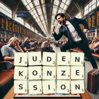 Kreative Illustration für ein Scrabble-Spiel, bei dem das Wort JUDENKONZESSION mit Steinen auf dem Brett gelegt wurde.