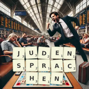 Kreative Illustration für ein Scrabble-Spiel, bei dem das Wort JUDENSPRACHEN mit Steinen auf dem Brett gelegt wurde.