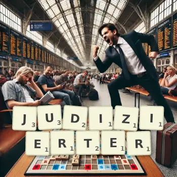 Kreative Illustration für ein Scrabble-Spiel, bei dem das Wort JUDIZIERTER mit Steinen auf dem Brett gelegt wurde.