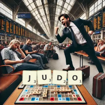 Kreative Illustration für ein Scrabble-Spiel, bei dem das Wort JUDO mit Steinen auf dem Brett gelegt wurde.