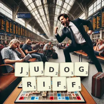 Kreative Illustration für ein Scrabble-Spiel, bei dem das Wort JUDOGRIFF mit Steinen auf dem Brett gelegt wurde.