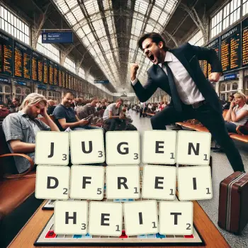 Kreative Illustration für ein Scrabble-Spiel, bei dem das Wort JUGENDFREIHEIT mit Steinen auf dem Brett gelegt wurde.