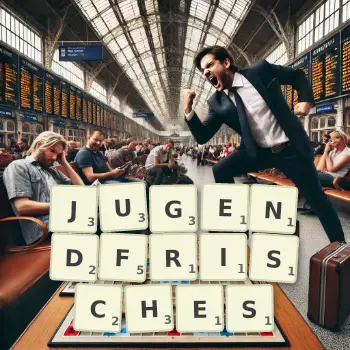 Kreative Illustration für ein Scrabble-Spiel, bei dem das Wort JUGENDFRISCHES mit Steinen auf dem Brett gelegt wurde.