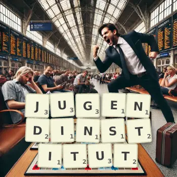 Kreative Illustration für ein Scrabble-Spiel, bei dem das Wort JUGENDINSTITUT mit Steinen auf dem Brett gelegt wurde.