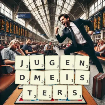 Kreative Illustration für ein Scrabble-Spiel, bei dem das Wort JUGENDMEISTERS mit Steinen auf dem Brett gelegt wurde.