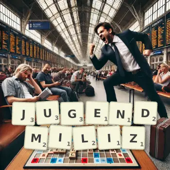 Kreative Illustration für ein Scrabble-Spiel, bei dem das Wort JUGENDMILIZ mit Steinen auf dem Brett gelegt wurde.