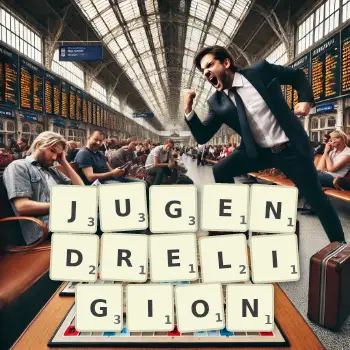 Kreative Illustration für ein Scrabble-Spiel, bei dem das Wort JUGENDRELIGION mit Steinen auf dem Brett gelegt wurde.