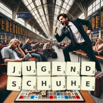 Kreative Illustration für ein Scrabble-Spiel, bei dem das Wort JUGENDSCHUHE mit Steinen auf dem Brett gelegt wurde.