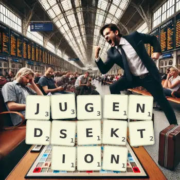 Kreative Illustration für ein Scrabble-Spiel, bei dem das Wort JUGENDSEKTION mit Steinen auf dem Brett gelegt wurde.