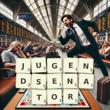 Kreative Illustration für ein Scrabble-Spiel, bei dem das Wort JUGENDSENATOR mit Steinen auf dem Brett gelegt wurde.