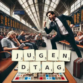 Kreative Illustration für ein Scrabble-Spiel, bei dem das Wort JUGENDTAG mit Steinen auf dem Brett gelegt wurde.
