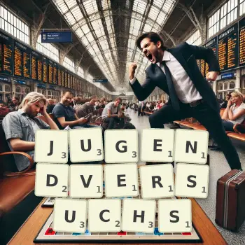 Kreative Illustration für ein Scrabble-Spiel, bei dem das Wort JUGENDVERSUCHS mit Steinen auf dem Brett gelegt wurde.