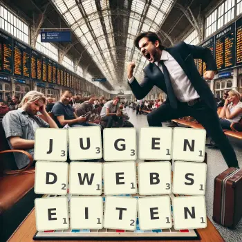 Kreative Illustration für ein Scrabble-Spiel, bei dem das Wort JUGENDWEBSEITEN mit Steinen auf dem Brett gelegt wurde.