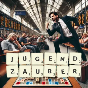 Kreative Illustration für ein Scrabble-Spiel, bei dem das Wort JUGENDZAUBER mit Steinen auf dem Brett gelegt wurde.