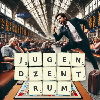 Kreative Illustration für ein Scrabble-Spiel, bei dem das Wort JUGENDZENTRUM mit Steinen auf dem Brett gelegt wurde.