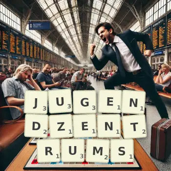 Kreative Illustration für ein Scrabble-Spiel, bei dem das Wort JUGENDZENTRUMS mit Steinen auf dem Brett gelegt wurde.